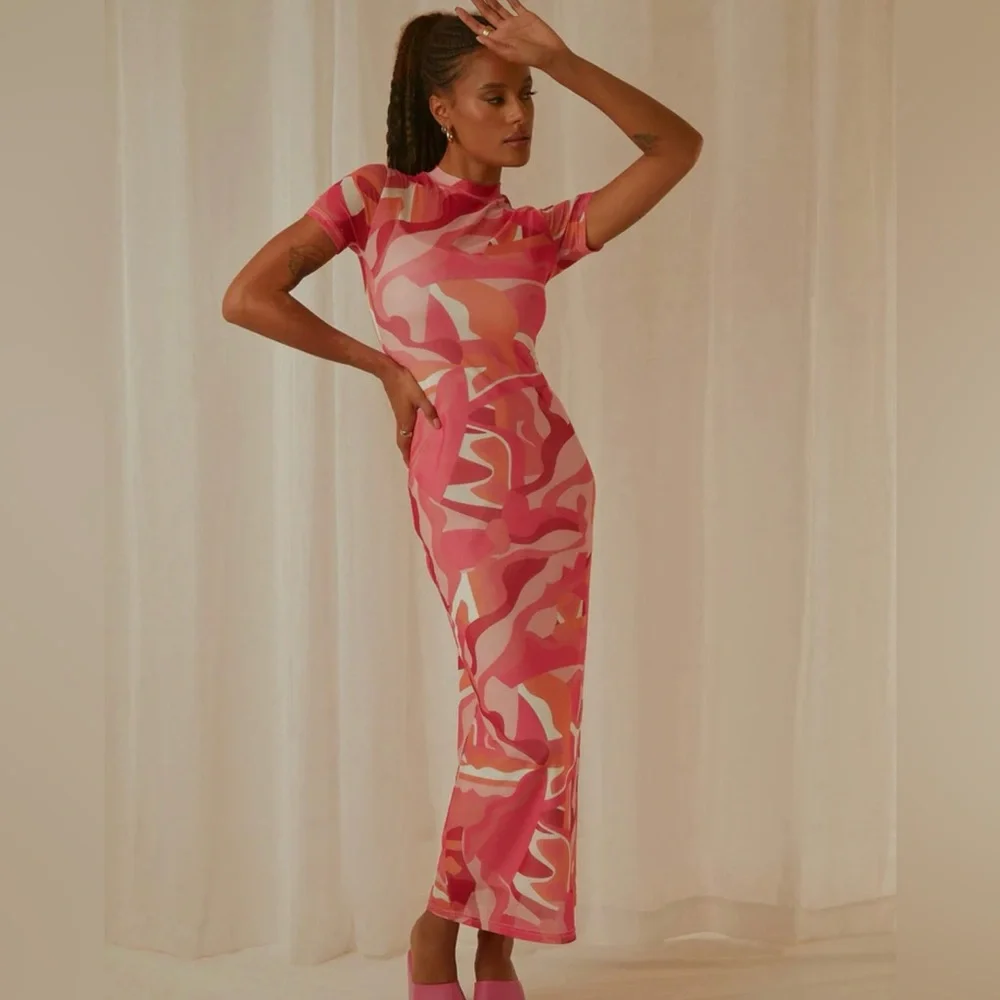 Sheer Mesh Colorful pink Maxi Dress size 6 - Picture 4 of 10